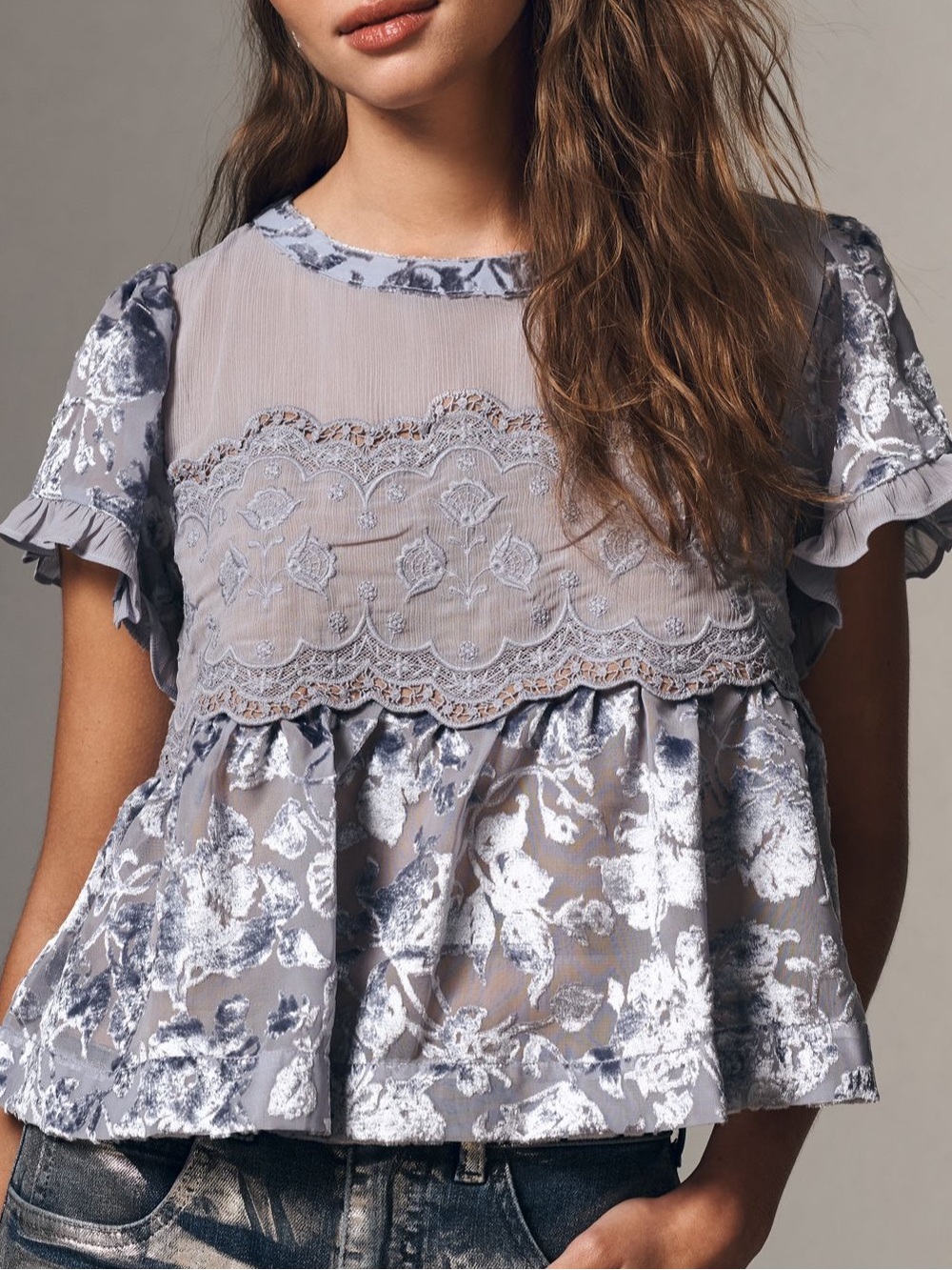 Anthropologie Lavender-Blue Floral Lace Peplum Blouse NWT